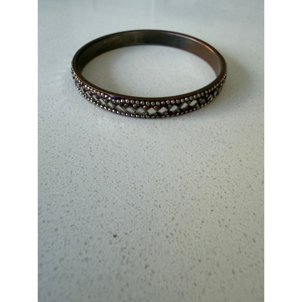 Bronze Tone Mirror Inlay Bangle Bracelet‎ Geometric Beaded Edge Size 8